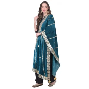 Generic Women's Velvet Gotta Patti Dupatta (Teal, Length: 2.25 to 2.50 Mtr)