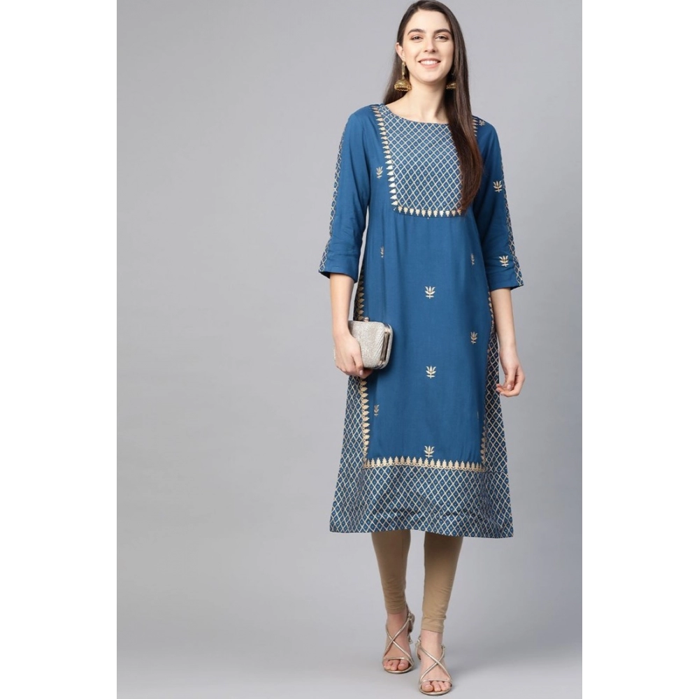 Generic Women's Casual 3/4 th Sleeve Floral Printed Rayon Kurti (Blue) - Image 3