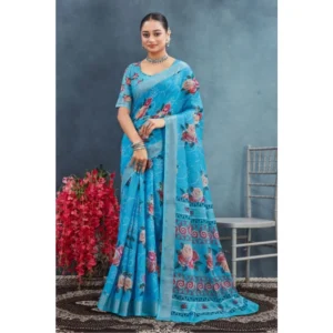 Generic Women's Linen Floral Printed Saree With Unstitched Blouse 5.5Mtr (Blue)