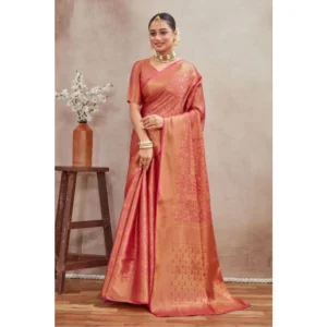 Generic Women's Silk Blend Floral Printed Saree With Unstitched Blouse 5.5Mtr (Peach)