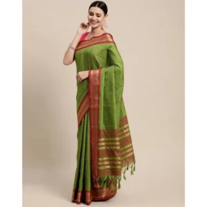 Generic Women's Cotton Silk Checkered Saree With Unstitched Blouse 5.5Mtr (Mehendi)