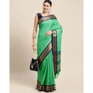 Generic Women's Cotton Silk Checkered Saree With Unstitched Blouse 5.5Mtr (Green)
