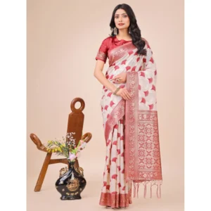 Generic Women's Linen Cotton Printed Saree With Unstitched Blouse 5.5Mtr (Red)