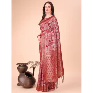 Generic Women's Cotton Printed Saree With Unstitched Blouse 5.5Mtr (Red)
