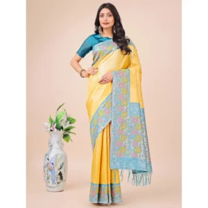 Generic Women's Lichi Silk Printed Saree With Unstitched Blouse 5.5Mtr (Yellow)