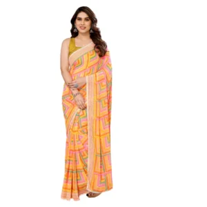 Generic Women's Small Lace Georgette Printed Ready-to-Wear Saree With Unstitched Blouse 5.5 Mtr (Yellow)