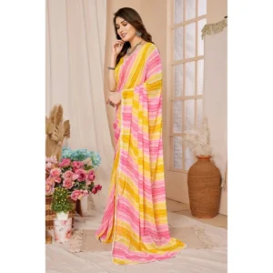 Generic Women's Small Lace Georgette Striped Ready-to-Wear Saree With Unstitched Blouse 5.5 Mtr (Yellow-Pink)