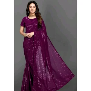 Generic Women's Georgette Embellished Sequnece Bollywood Saree With Unstitched Blouse 5.5Mtr (Purple)
