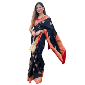Generic Women's Silk Printed Saree With Unstitched Blouse 5.5Mtr (Black-Red)