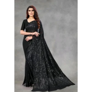 Generic Women's Georgette Embellished Sequnece Bollywood Saree With Unstitched Blouse 5.5Mtr (Black)