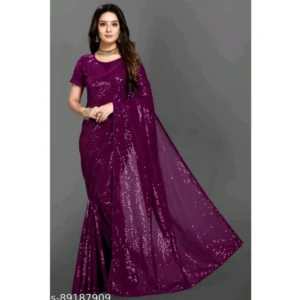 Generic Women's Georgette Embellished Sequnece Bollywood Saree With Unstitched Blouse 5.5Mtr (Purple)