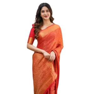 Generic Women's Silk Printed Saree With Unstitched Blouse 5.5Mtr (Orange)
