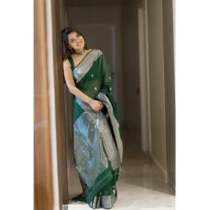 Generic Women's Cotton  Printed Saree With Unstitched Blouse 5.5Mtr (Green)