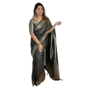 Generic Women's Silk Printed Saree With Unstitched Blouse 5.5Mtr (Black)