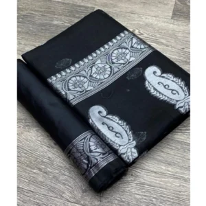 Generic Women's Cotton  Printed Saree With Unstitched Blouse 5.5Mtr (Black)