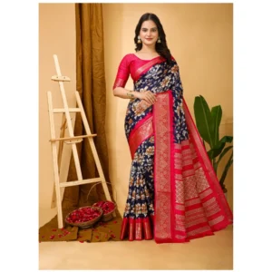 Generic Women's Soft Dola Cotton Kalamkari Printed Saree With Unstitched Blouse 5.5Mtr (Navy Blue)