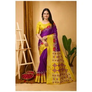 Generic Women's Soft Dola Cotton Kalamkari Printed Saree With Unstitched Blouse 5.5Mtr (Purple)