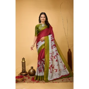 Generic Women's Soft Handloom Cotton Kalamkari Printed Saree With Unstitched Blouse 5.5Mtr (Maroon)