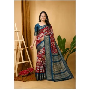 Generic Women's Soft Dola Cotton Kalamkari Printed Saree With Unstitched Blouse 5.5Mtr (Red)