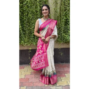 Generic Women's Soft Dola Cotton Kalamkari Printed Saree With Unstitched Blouse 5.5Mtr (White)