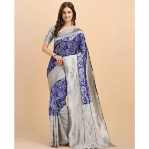 Generic Women's Soft Lichi Silk Printed Saree With Unstitched Blouse 5.5Mtr (Blue)
