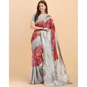 Generic Women's Soft Lichi Silk Printed Saree With Unstitched Blouse 5.5Mtr (Red)