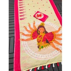 Generic Women's linen Digital Print Saree With Unstitched Blouse 5.5Mtr (White)