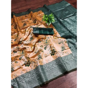 Generic Women's Banarasi Jacquard Printed Saree With Unstitched Blouse 5.5Mtr (Orange)