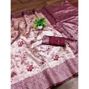 Generic Women's Banarasi Jacquard Printed Saree With Unstitched Blouse 5.5Mtr (Wine)