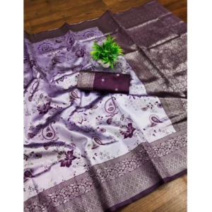 Generic Women's Banarasi Jacquard Printed Saree With Unstitched Blouse 5.5Mtr (Purple)