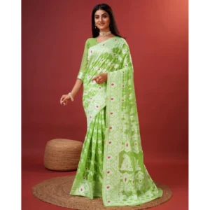 Generic Women's Cotton Silk Printed Saree With Unstitched Blouse 5.5Mtr (Light Green)