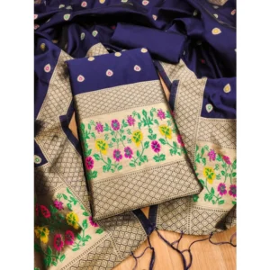 Generic Women's Banarasi Silk Printed Unstitched Salwar Suit Material With Dupatta (Navy Blue, 3Mtrs)