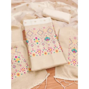 Generic Women's Banarasi Silk Printed Unstitched Salwar Suit Material With Dupatta (White, 3Mtrs)