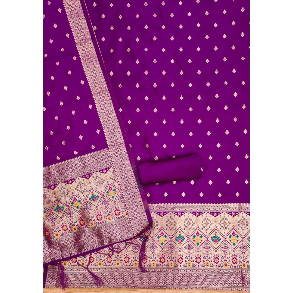 Generic Women's Banarasi Silk Printed Unstitched Salwar Suit Material With Dupatta (Purple, 3Mtrs) - Image 3