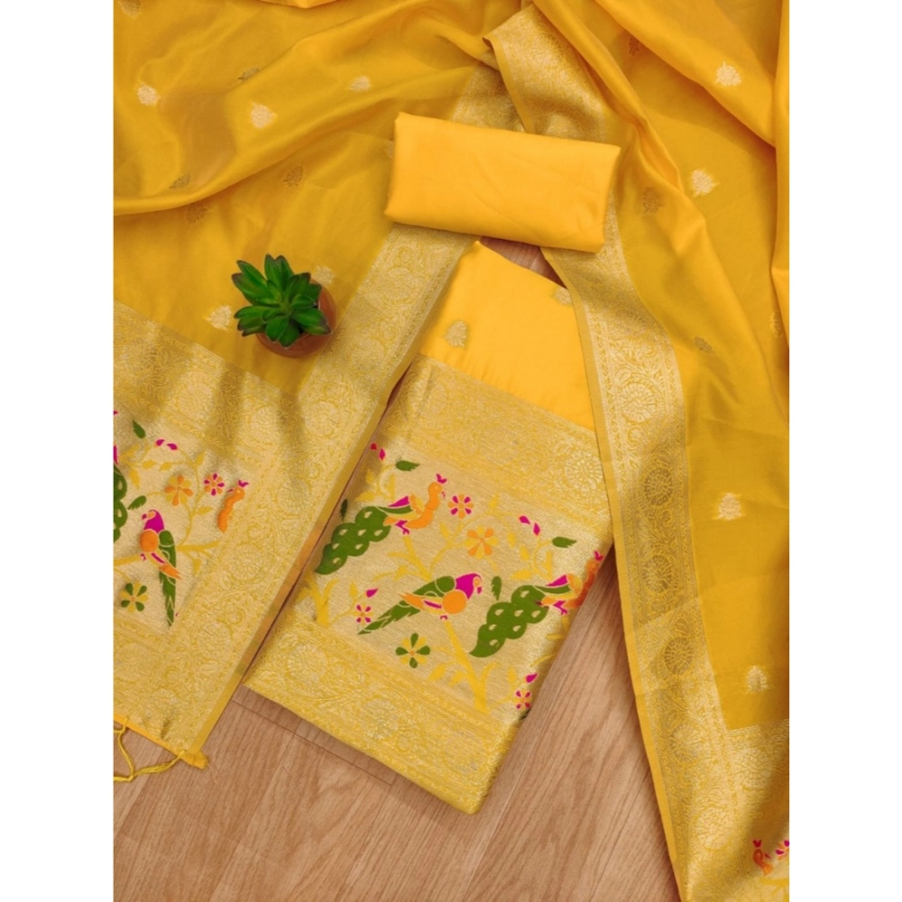 Generic Women's Banarasi Silk Printed Unstitched Salwar Suit Material With Dupatta (Yellow, 3Mtrs) - Image 4