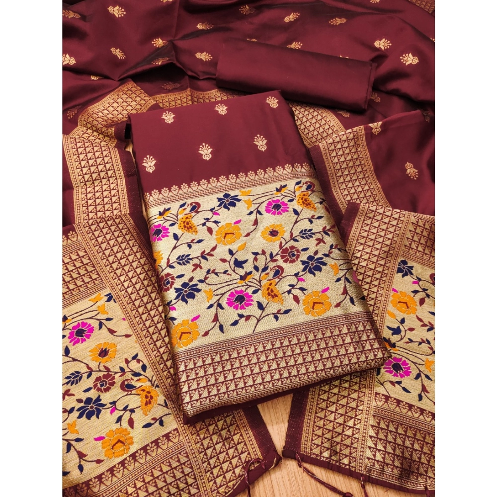 Generic Women's Banarasi Silk Printed Unstitched Salwar Suit Material With Dupatta (Maroon, 3Mtrs)