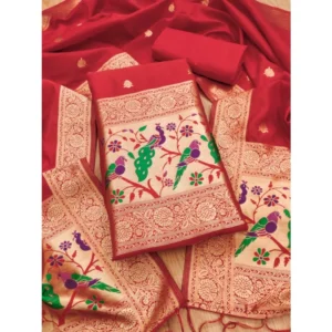 Generic Women's Banarasi Silk Printed Unstitched Salwar Suit Material With Dupatta (Red, 3Mtrs)
