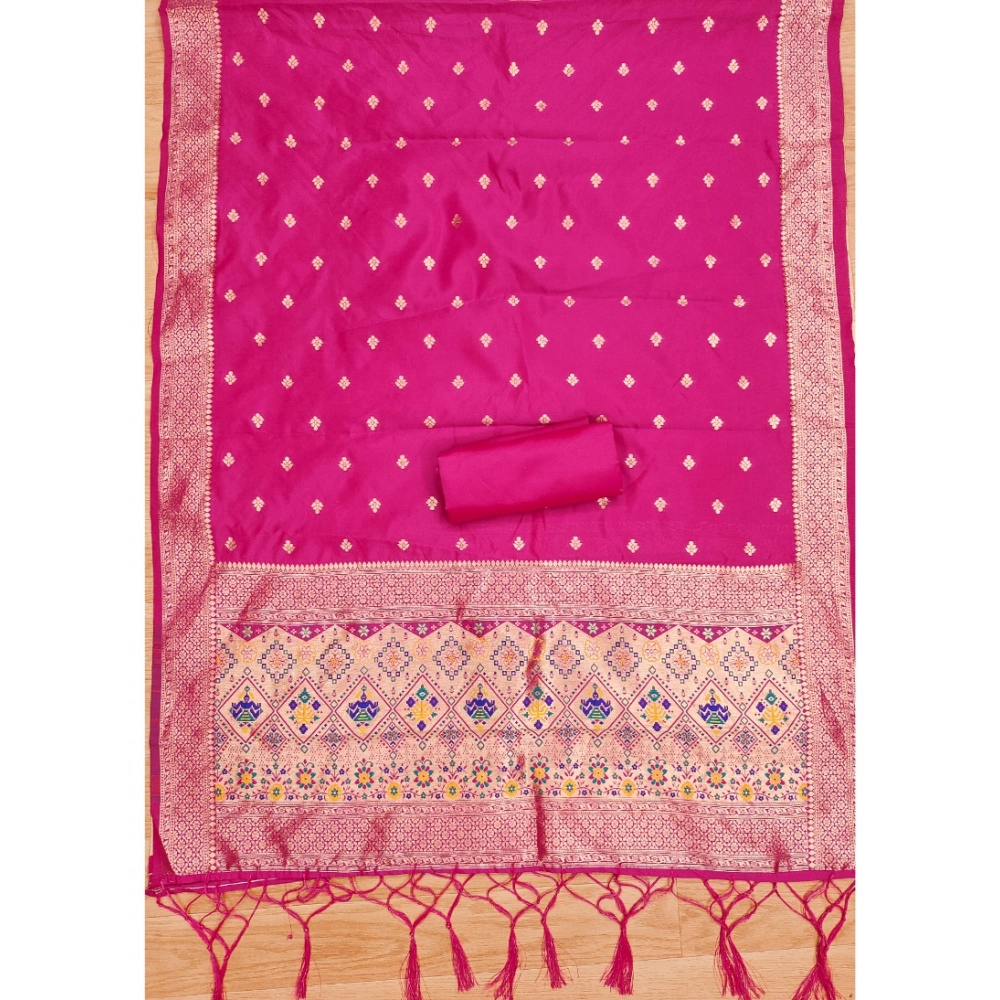 Generic Women's Banarasi Silk Printed Unstitched Salwar Suit Material With Dupatta (Pink, 3Mtrs) - Image 2