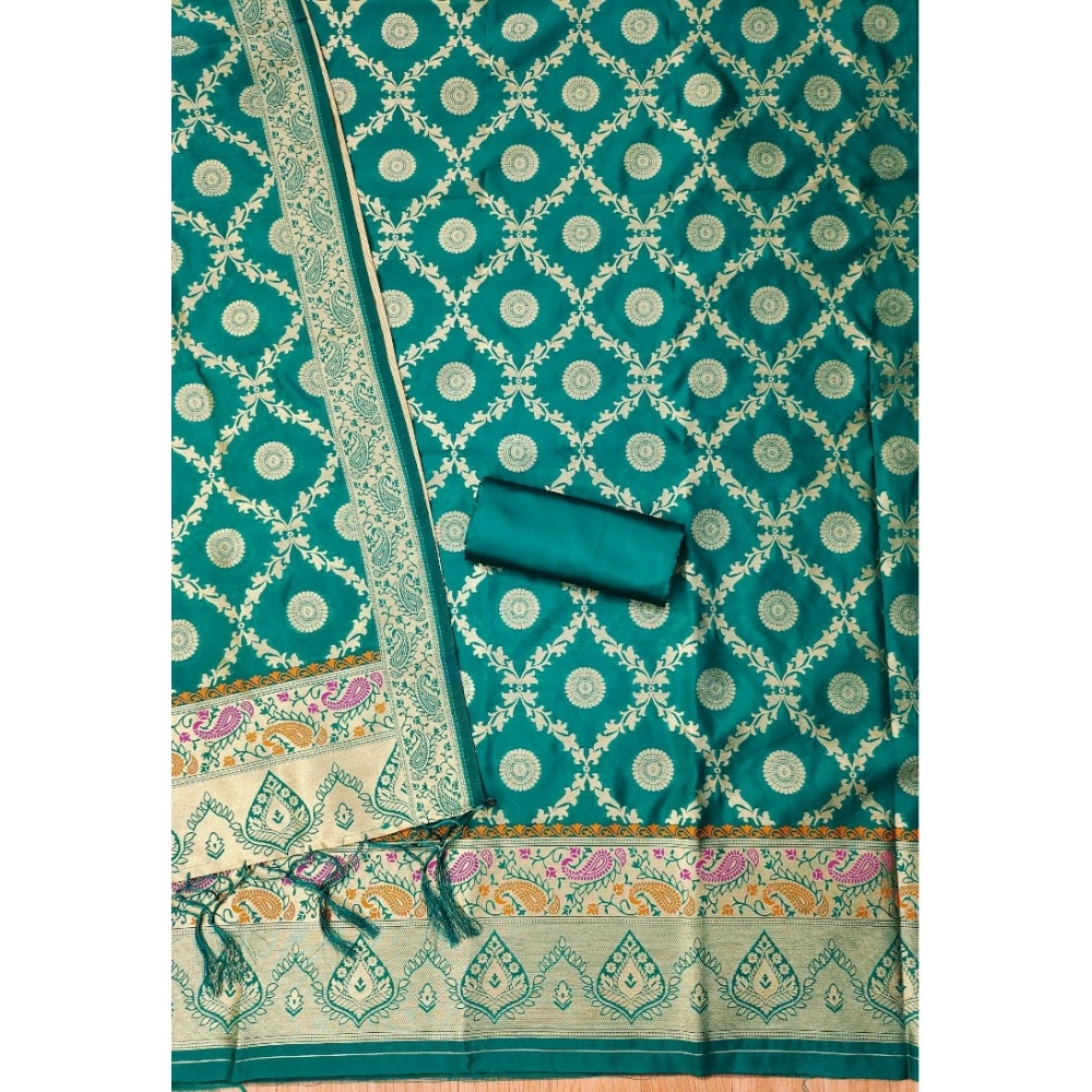 Generic Women's Banarasi Silk Printed Unstitched Salwar Suit Material With Dupatta (Rama, 3Mtrs) - Image 3