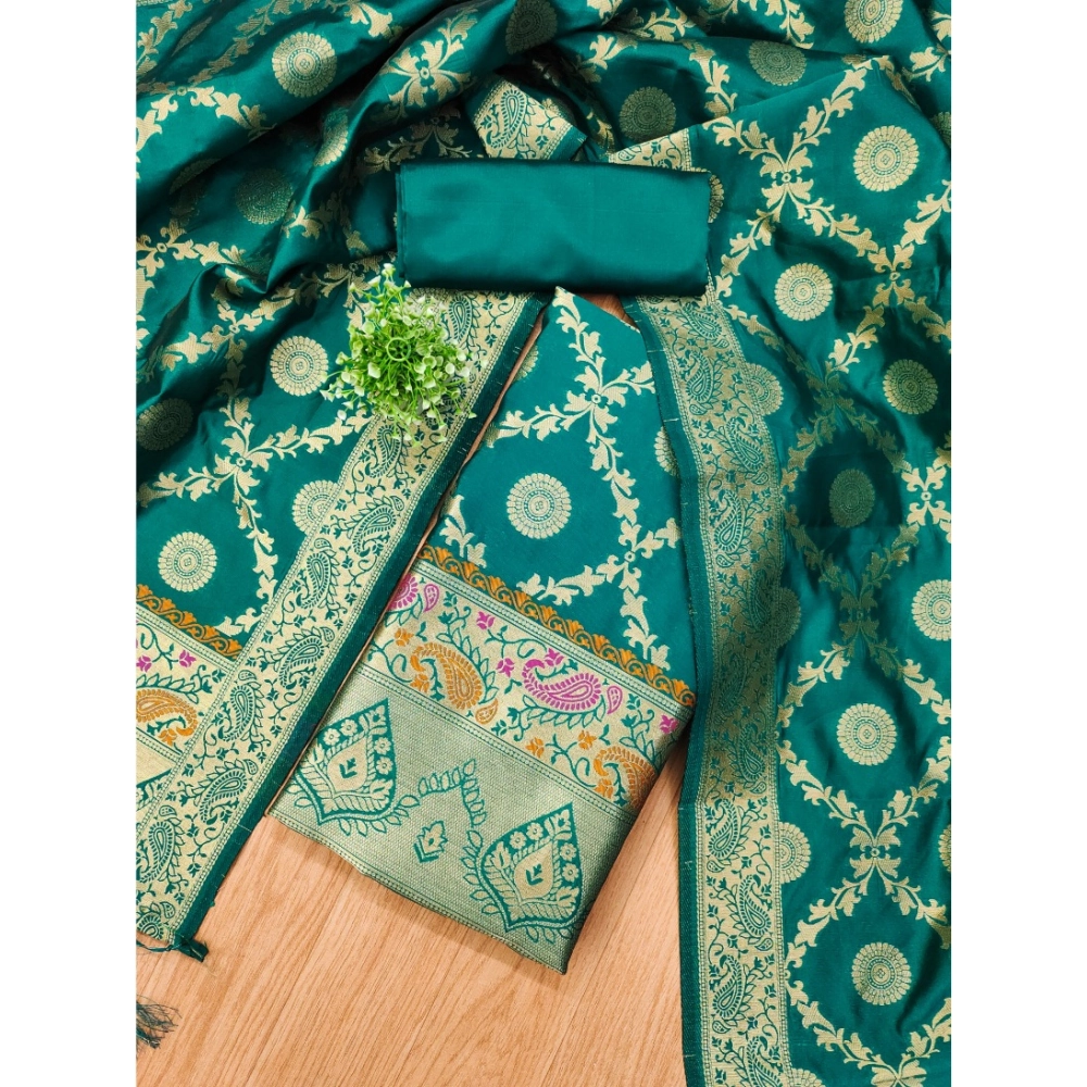 Generic Women's Banarasi Silk Printed Unstitched Salwar Suit Material With Dupatta (Rama, 3Mtrs) - Image 4