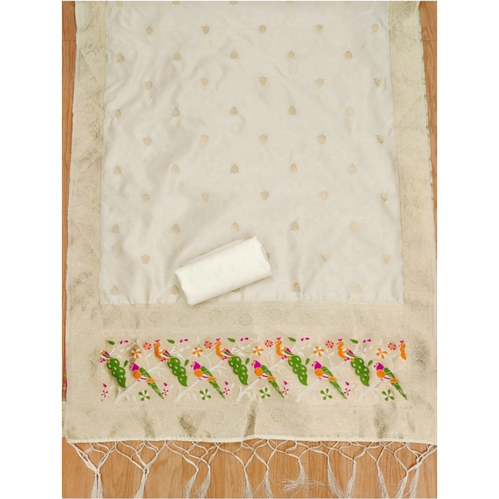 Generic Women's Banarasi Silk Printed Unstitched Salwar Suit Material With Dupatta (White, 3Mtrs) - Image 2