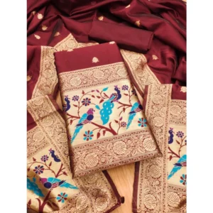 Generic Women's Banarasi Silk Printed Unstitched Salwar Suit Material With Dupatta (Maroon, 3Mtrs)