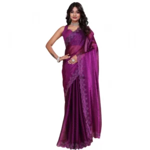 Generic Women's Tissue Pure Silk Embellished Bollywood Saree With Unstitched Blouse 5.5Mtr (Purple)