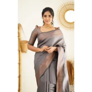 Generic Women's Litchi silk Printed Saree With Unstitched Blouse (Grey)
