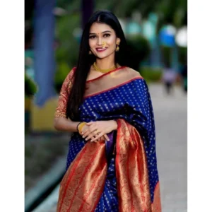Generic Women's Litchi silk Printed Saree With Unstitched Blouse (Blue)