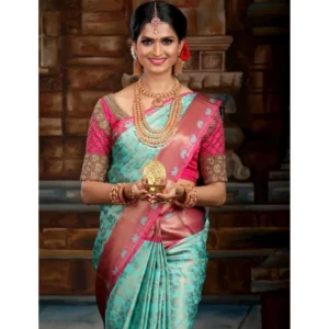 Generic Women's Litchi silk Printed Saree With Unstitched Blouse (Turquise Blue)