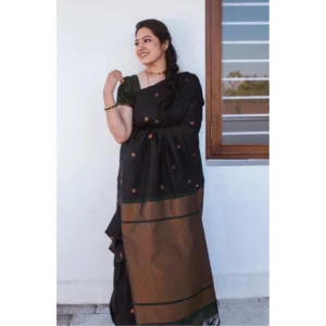 Generic Women's Litchi silk Printed Saree With Unstitched Blouse (Black)