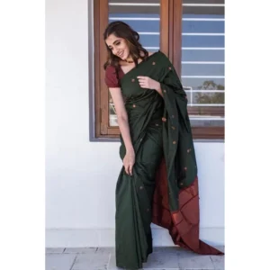 Generic Women's Litchi silk Printed Saree With Unstitched Blouse (Dark Green)