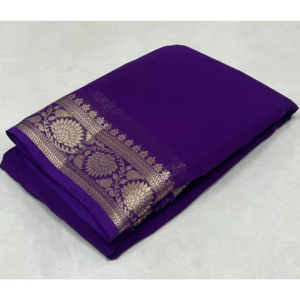 Generic Women's Crepe Chit Pallu Solid Saree With Unstitched Blouse 5.5Mtr (Dark Purple)