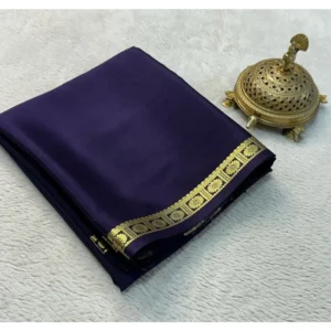 Generic Women's Crepe Chit Pallu Solid Saree With Unstitched Blouse 5.5Mtr (Navy Blue)